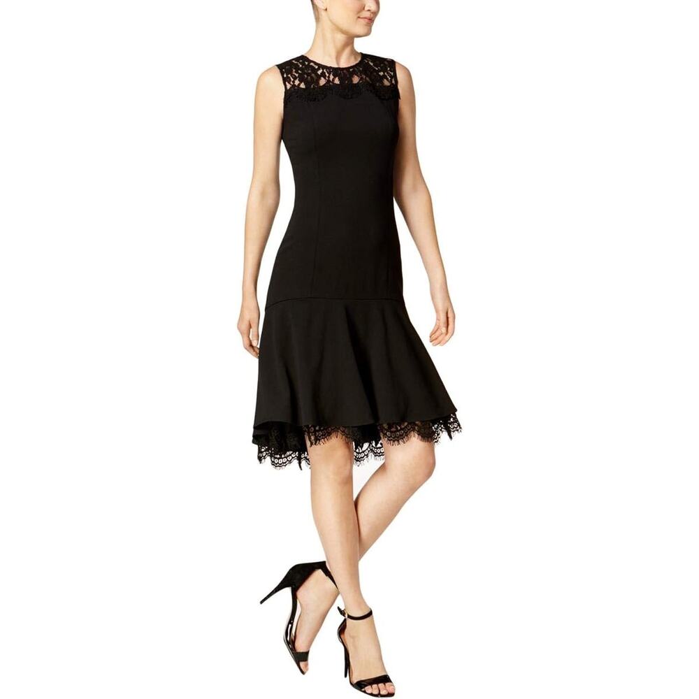 Calvin Klein Lace Trim A Line Sleeveless Dress Size 18W Black Cocktail Romantic